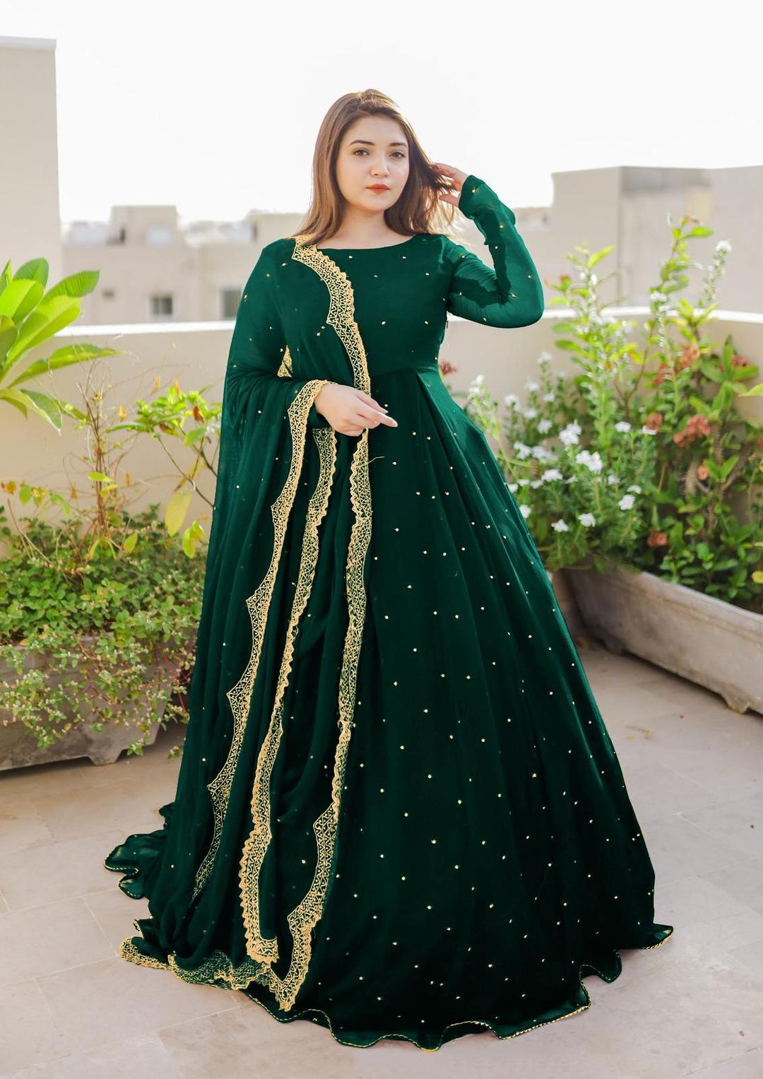 Elegant Women's Stitched Suit - 3 Pcs Chiffon Embroidered Maxi with Dupatta & Trouser in Green